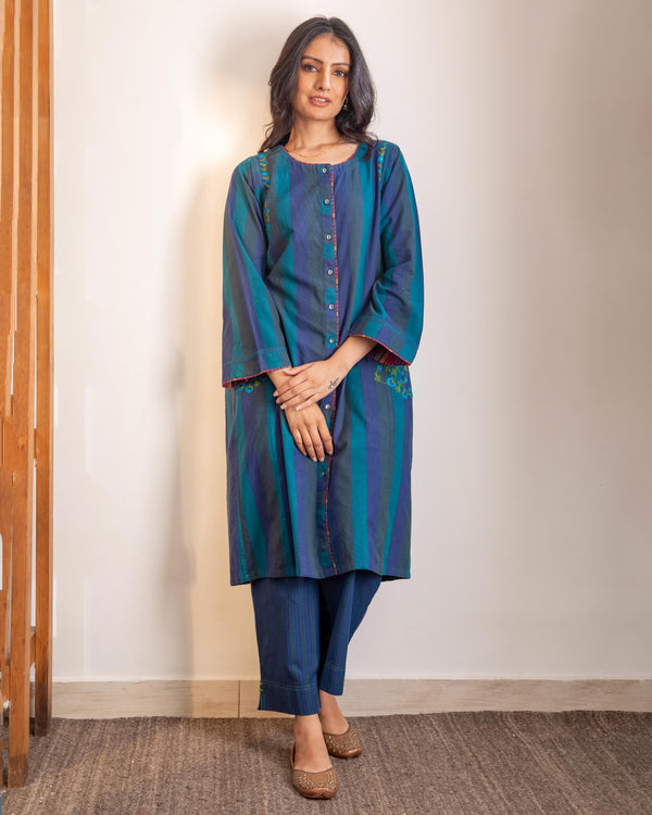 Haveli Crewel Blue Kimono Sleeve Kurta