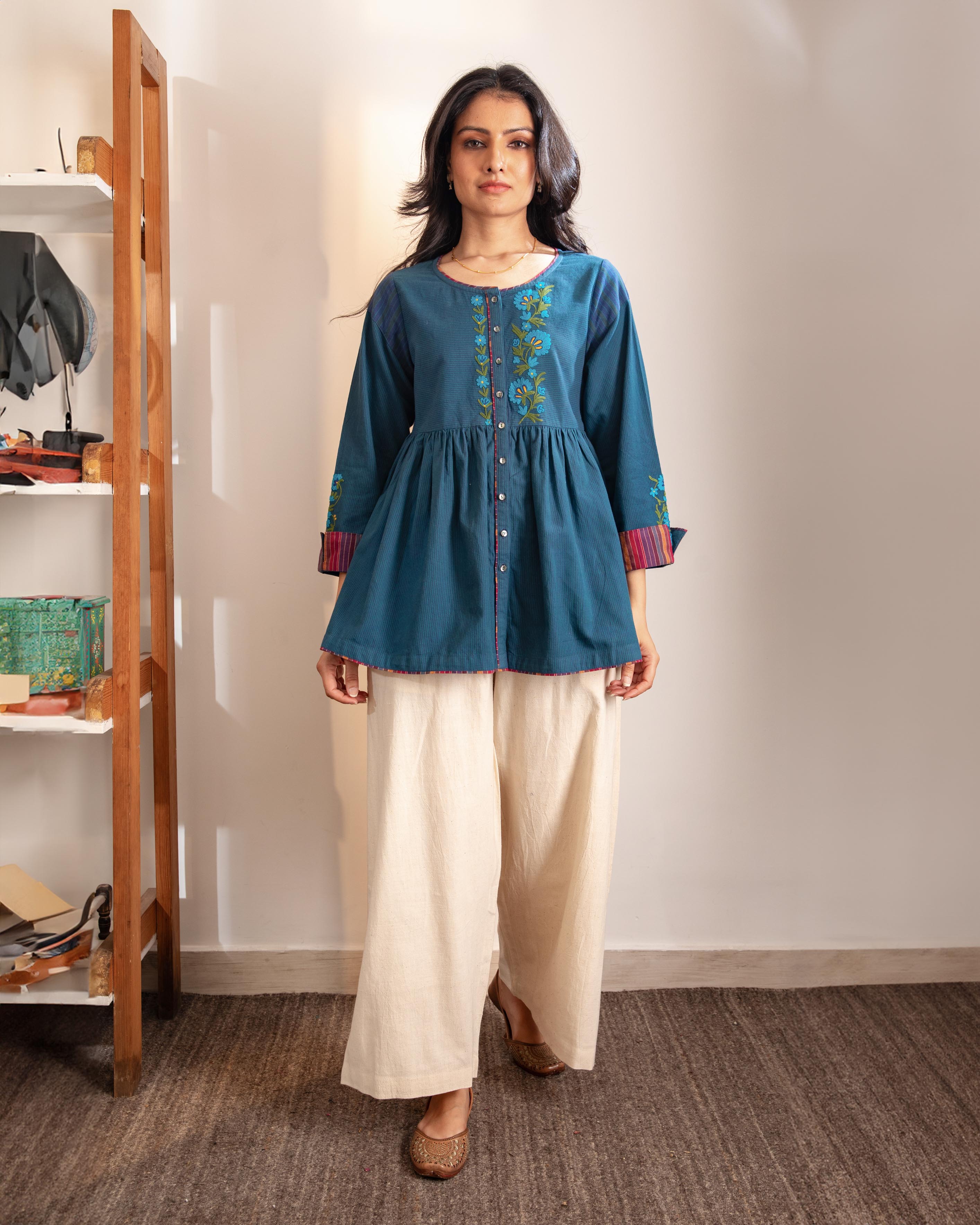 Haveli Crewel Blue Flared Top