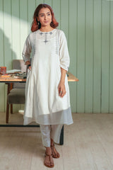 Dhwani White- Blue Flared Cotton Kurta With Soof Hand Embroidery