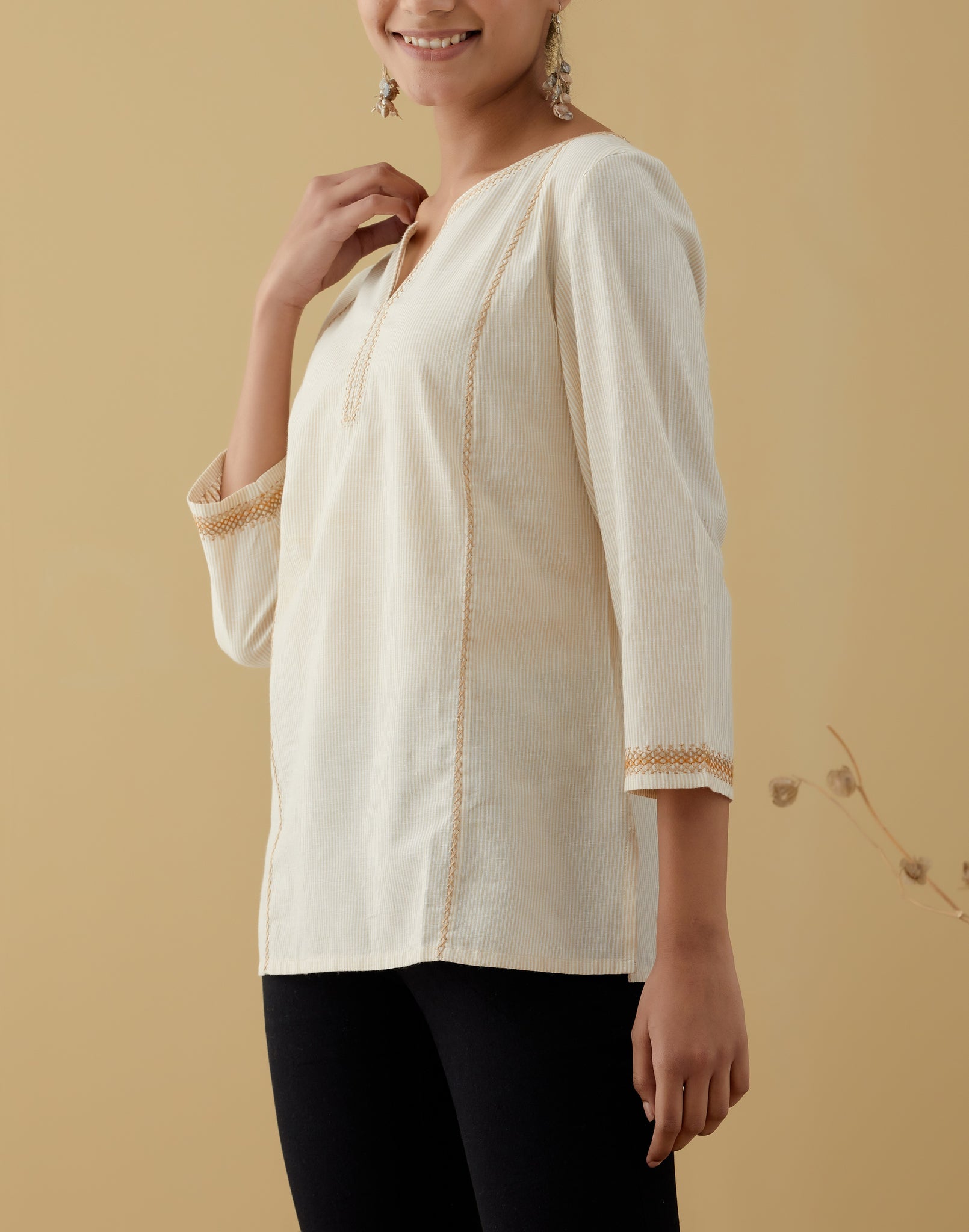 Ekta Pinstripe Natural Top With Cross Stitch Embroidery