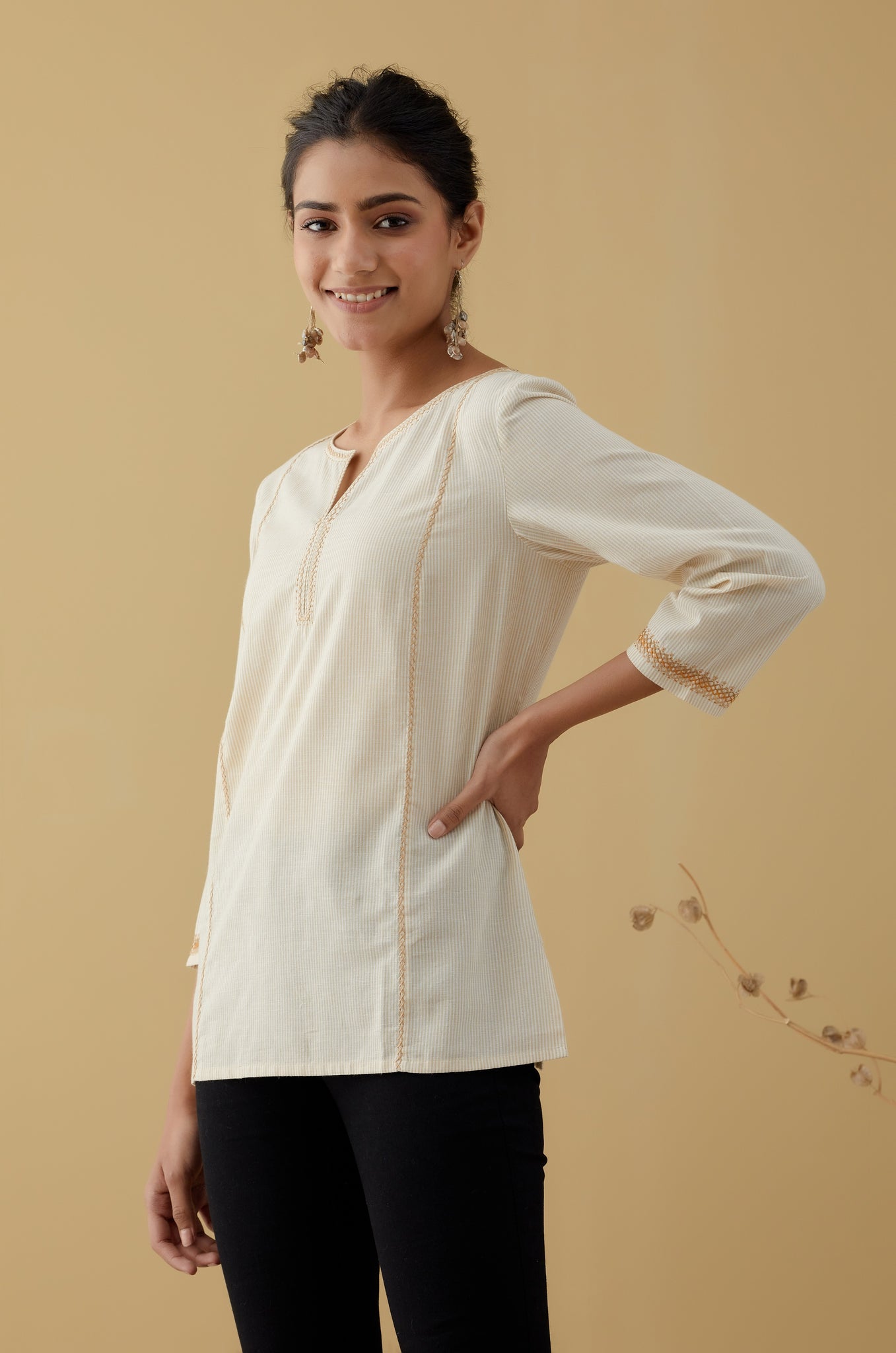 Ekta Pinstripe Natural Top With Cross Stitch Embroidery