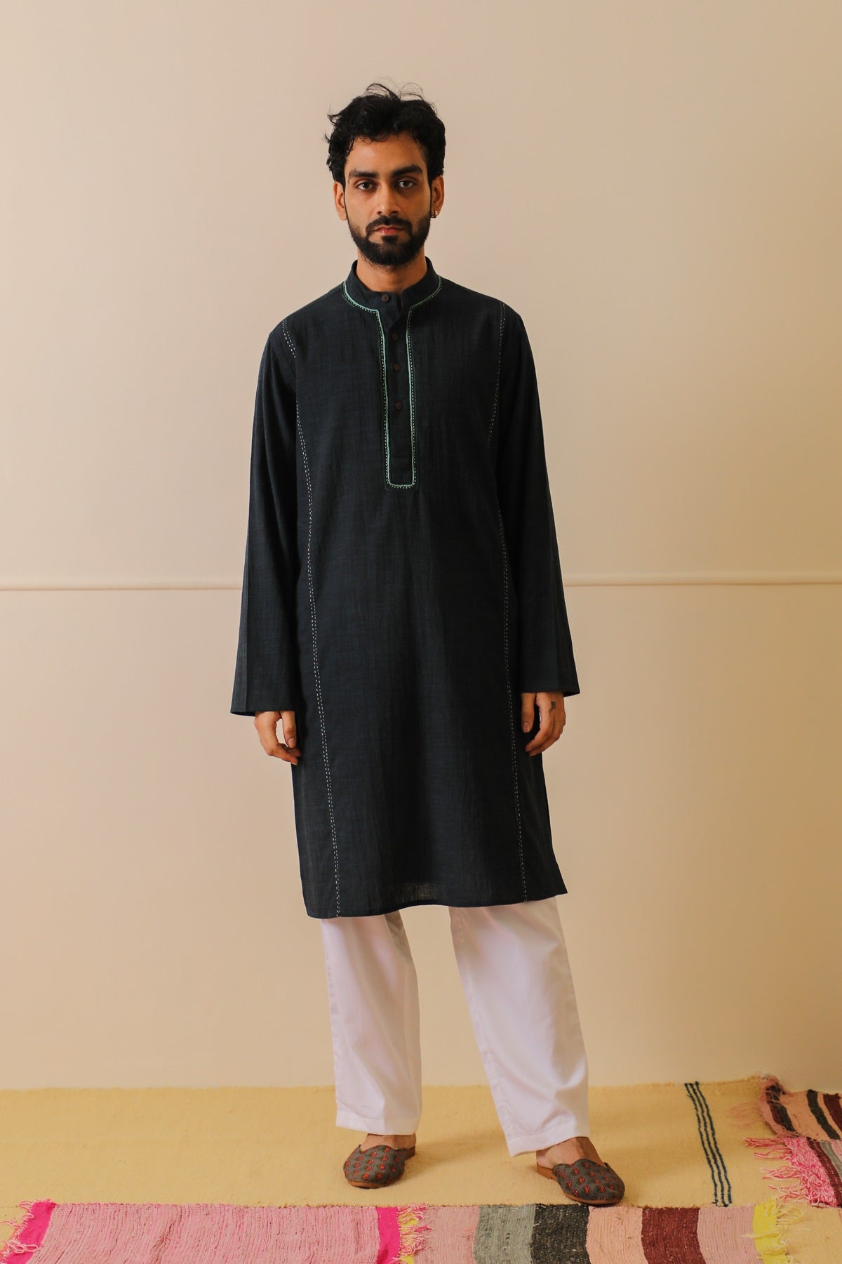 Rohil Navy Cotton Kurta With Soof Embroidery