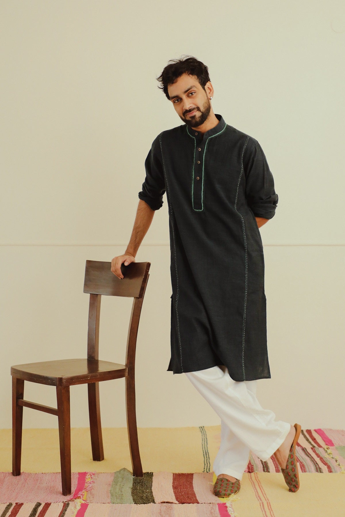 Rohil Navy Cotton Kurta With Soof Embroidery