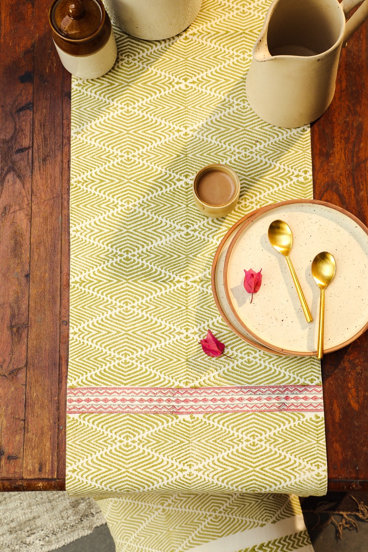 Aaira Green Table Runner with Geometric Patterns