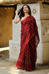 Naira Hand Printed And Mirror Embroidered Maroon Saree