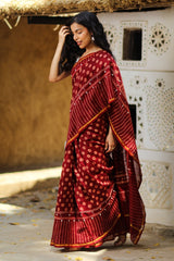 Naira Hand Printed And Mirror Embroidered Maroon Saree