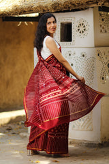 Naira Hand Printed And Mirror Embroidered Maroon Saree