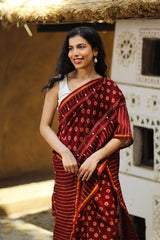 Naira Hand Printed And Mirror Embroidered Maroon Saree