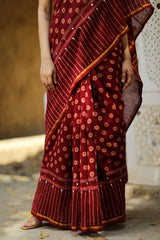 Naira Hand Printed And Mirror Embroidered Maroon Saree