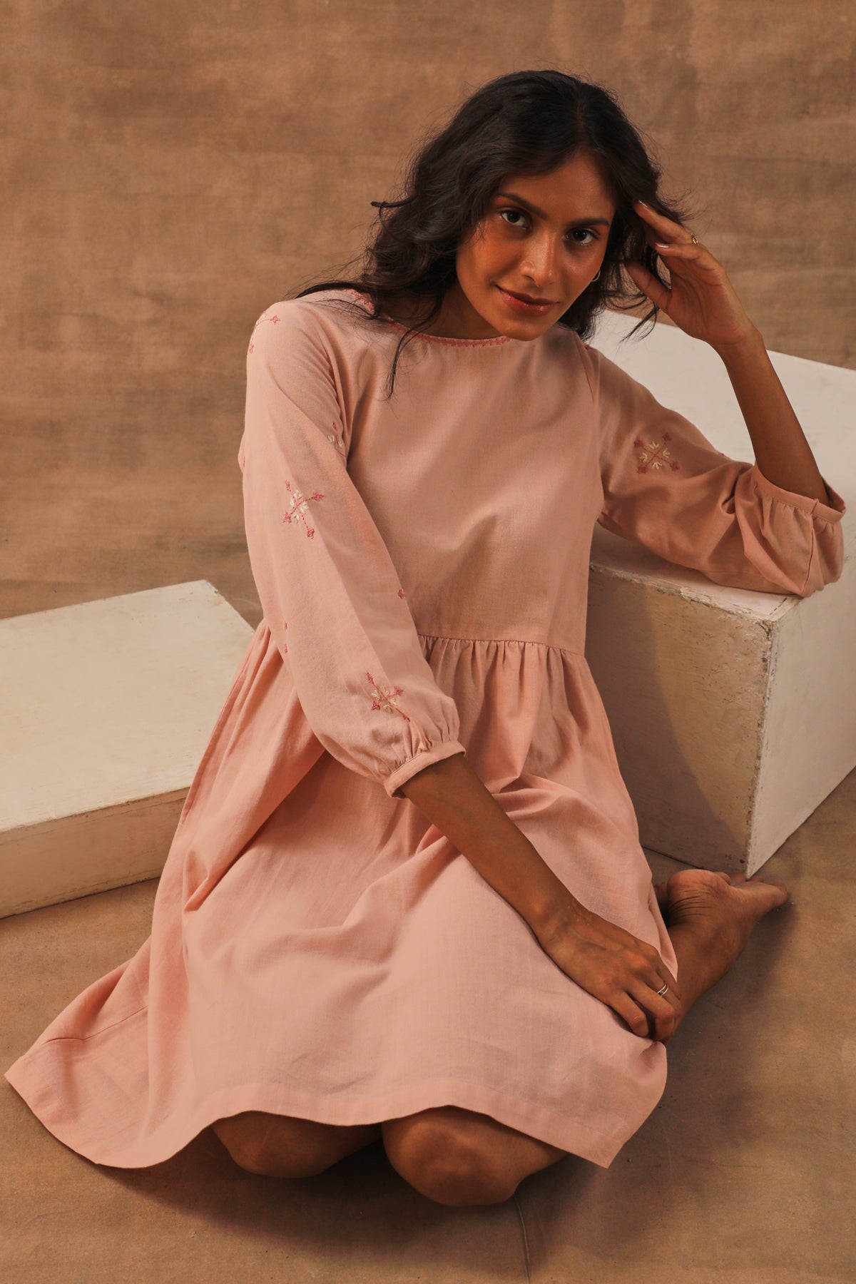 Liana Mud Pink Knee Length Dress With Hand Embroidery