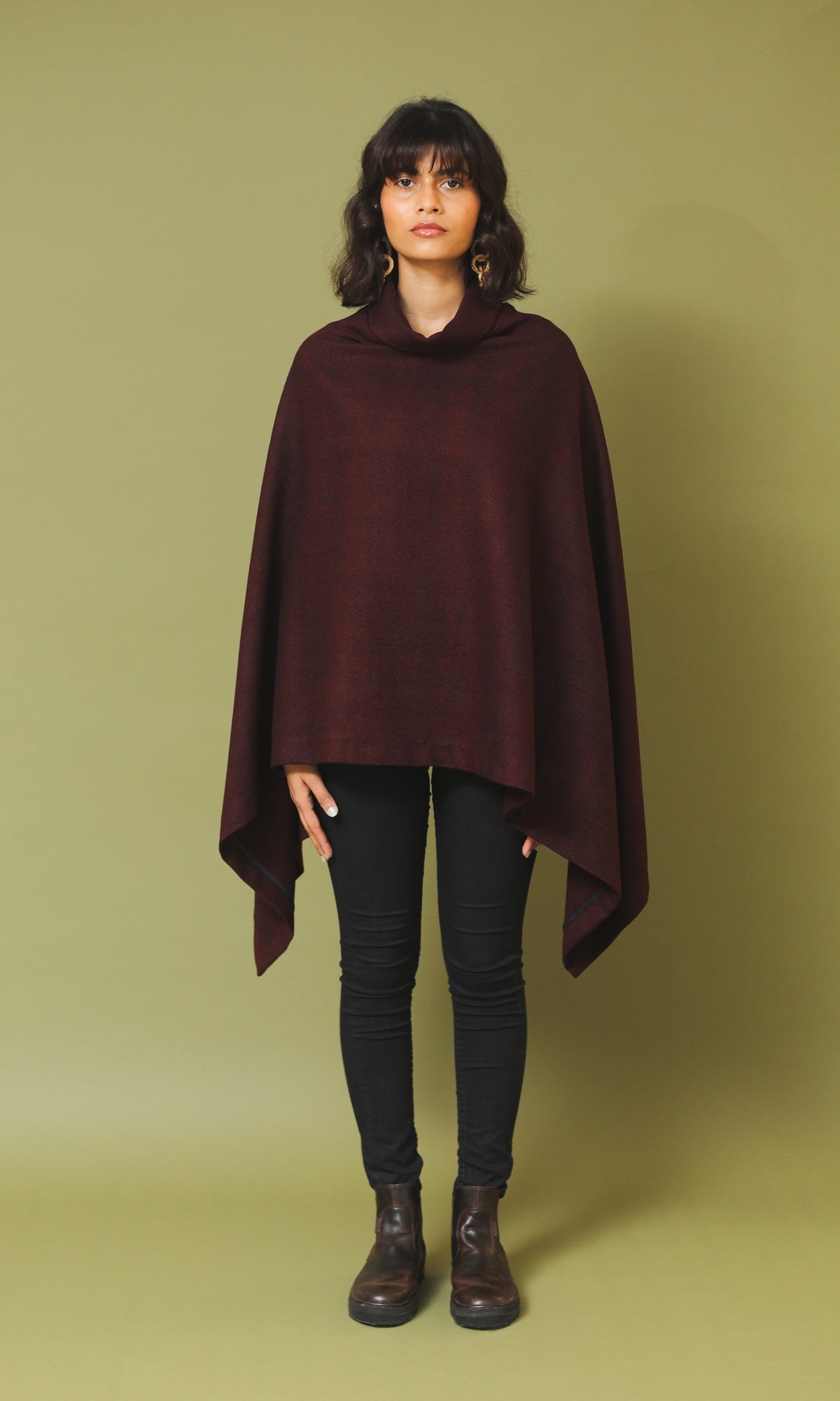 Meher Maroon and Black Handwoven Woollen Turtle Necked Poncho