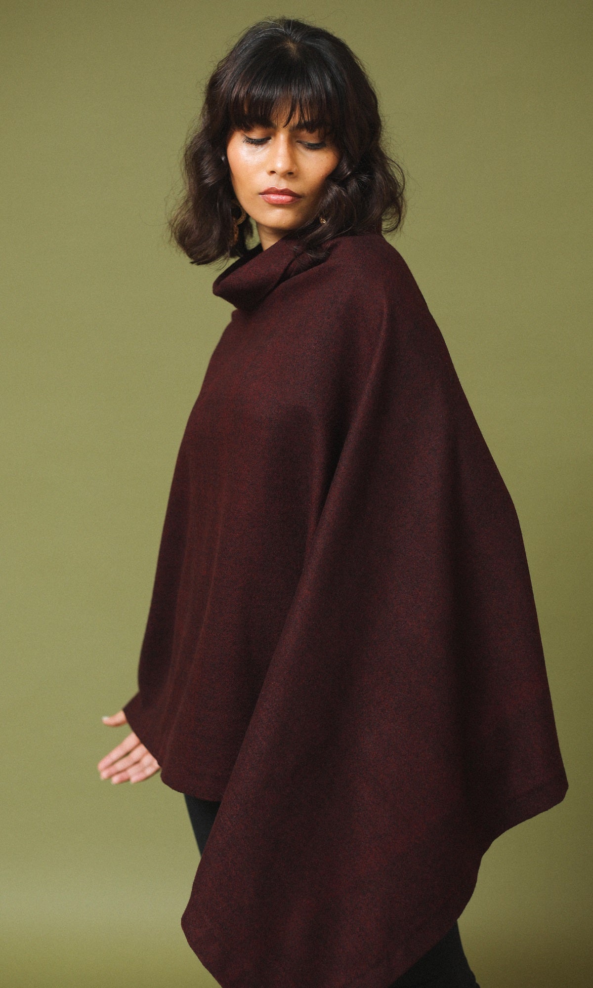 Meher Maroon and Black Handwoven Woollen Turtle Necked Poncho