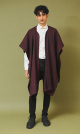 Meher Maroon and Black Handwoven Woollen Cape without Sleeves