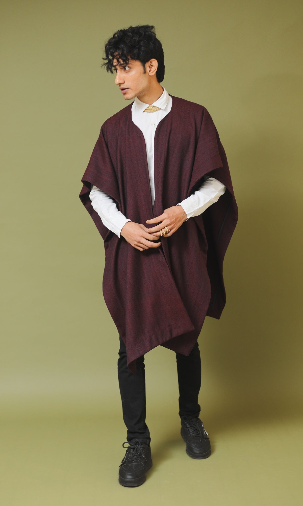 Meher Maroon and Black Handwoven Woollen Cape without Sleeves