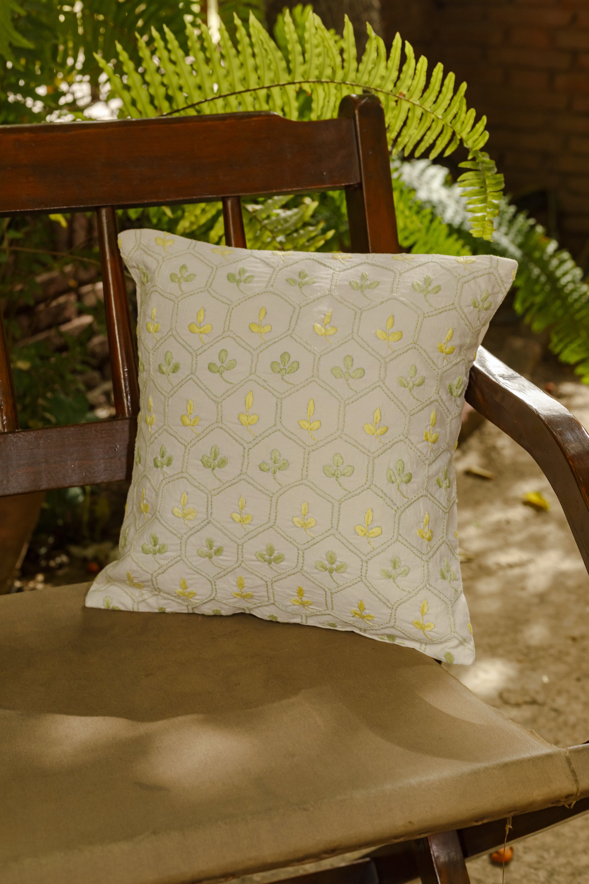 Bageecha Cushion Cover with Chikankari Honeycomb Embroidery