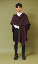 Meher Maroon and Black Handwoven Woollen Cape without Sleeves