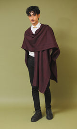 Meher Maroon and Black Handwoven Woollen Cape without Sleeves