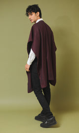 Meher Maroon and Black Handwoven Woollen Cape without Sleeves