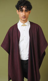 Meher Maroon and Black Handwoven Woollen Cape without Sleeves