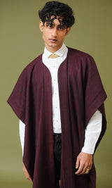 Meher Maroon and Black Handwoven Woollen Cape without Sleeves