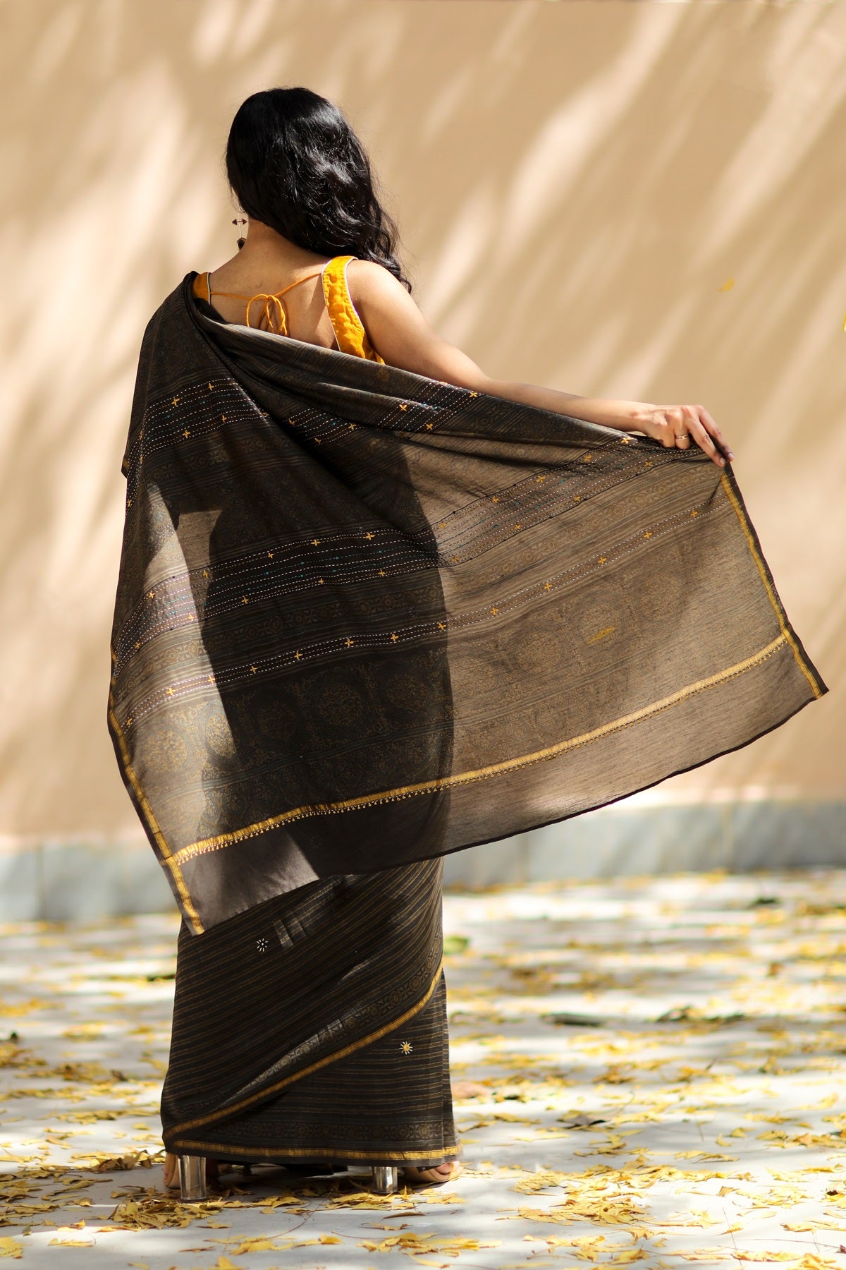 Naira Hand Printed And Contrast Thread Embroidered Brown Saree