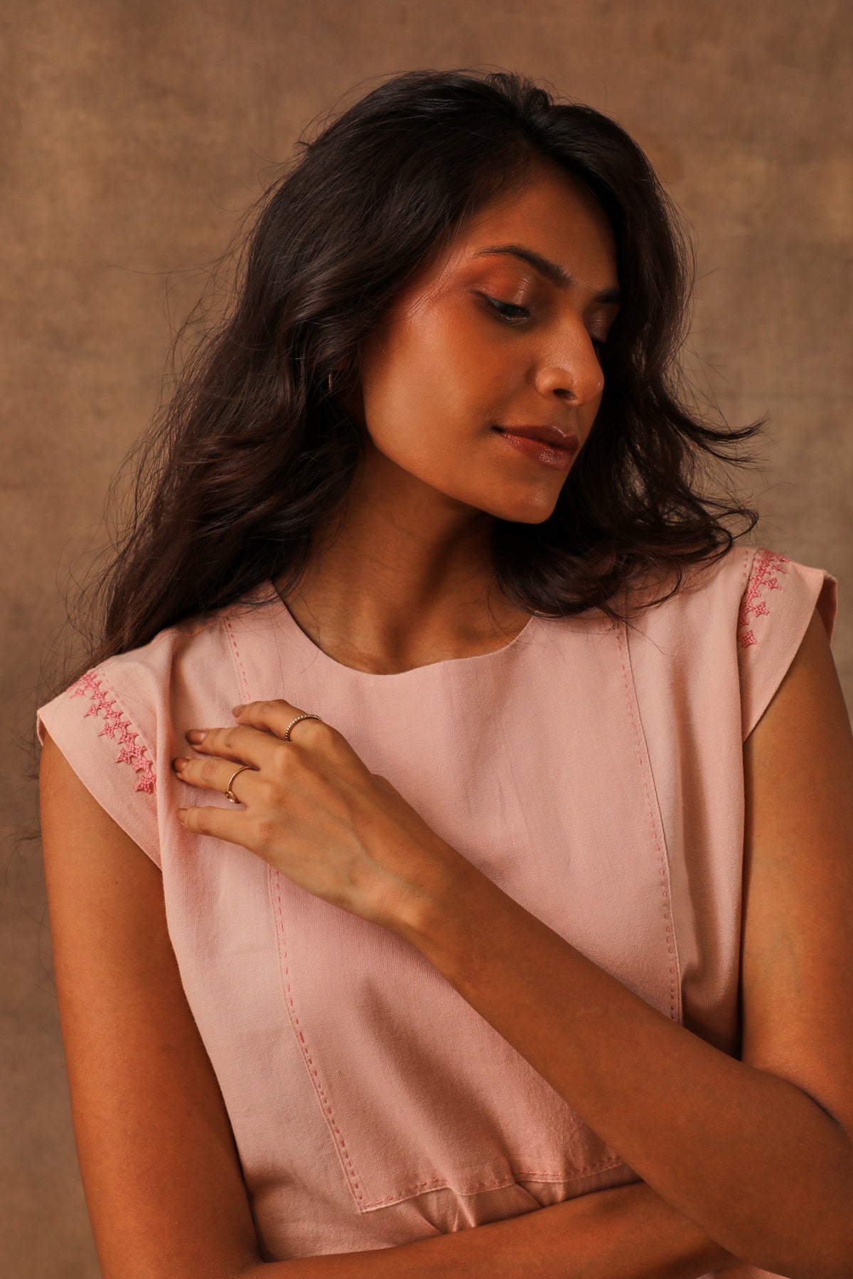 Liana Mud Pink Hand Embroidered Drop Shoulder Top