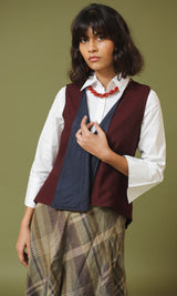 Meher Maroon and Black Handwoven Woollen Overlay Sleeveless Jacket