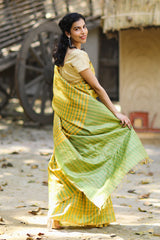 Genda Phool Green Big Check Saree