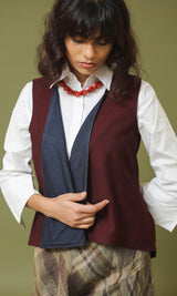 Meher Maroon and Black Handwoven Woollen Overlay Sleeveless Jacket