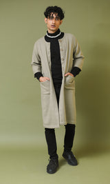 Heer Grey Handwoven Woollen A-line Long Jacket with Sleeves