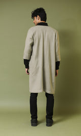 Heer Grey Handwoven Woollen A-line Long Jacket with Sleeves