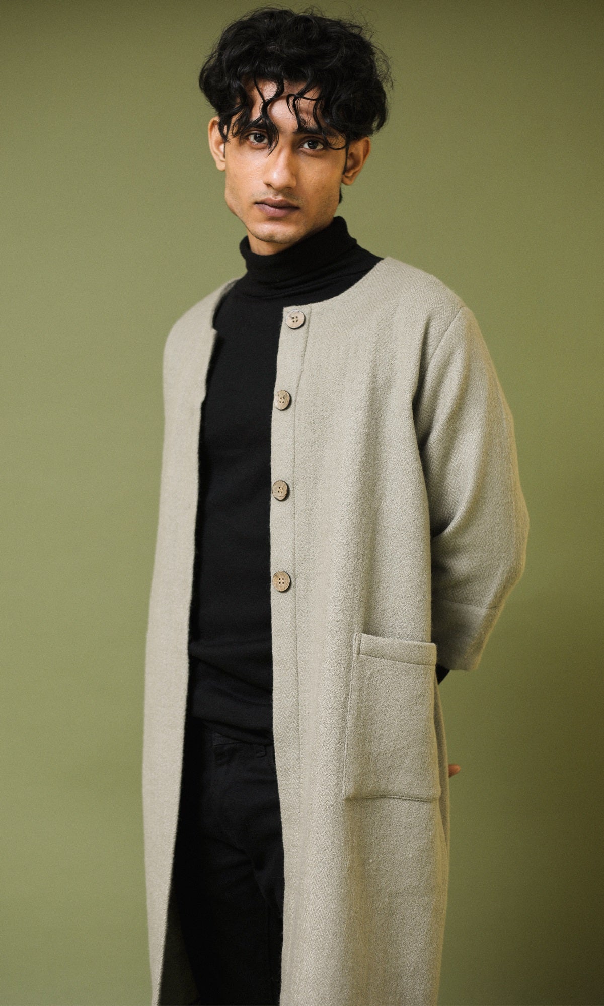 Heer Grey Handwoven Woollen A-line Long Jacket with Sleeves