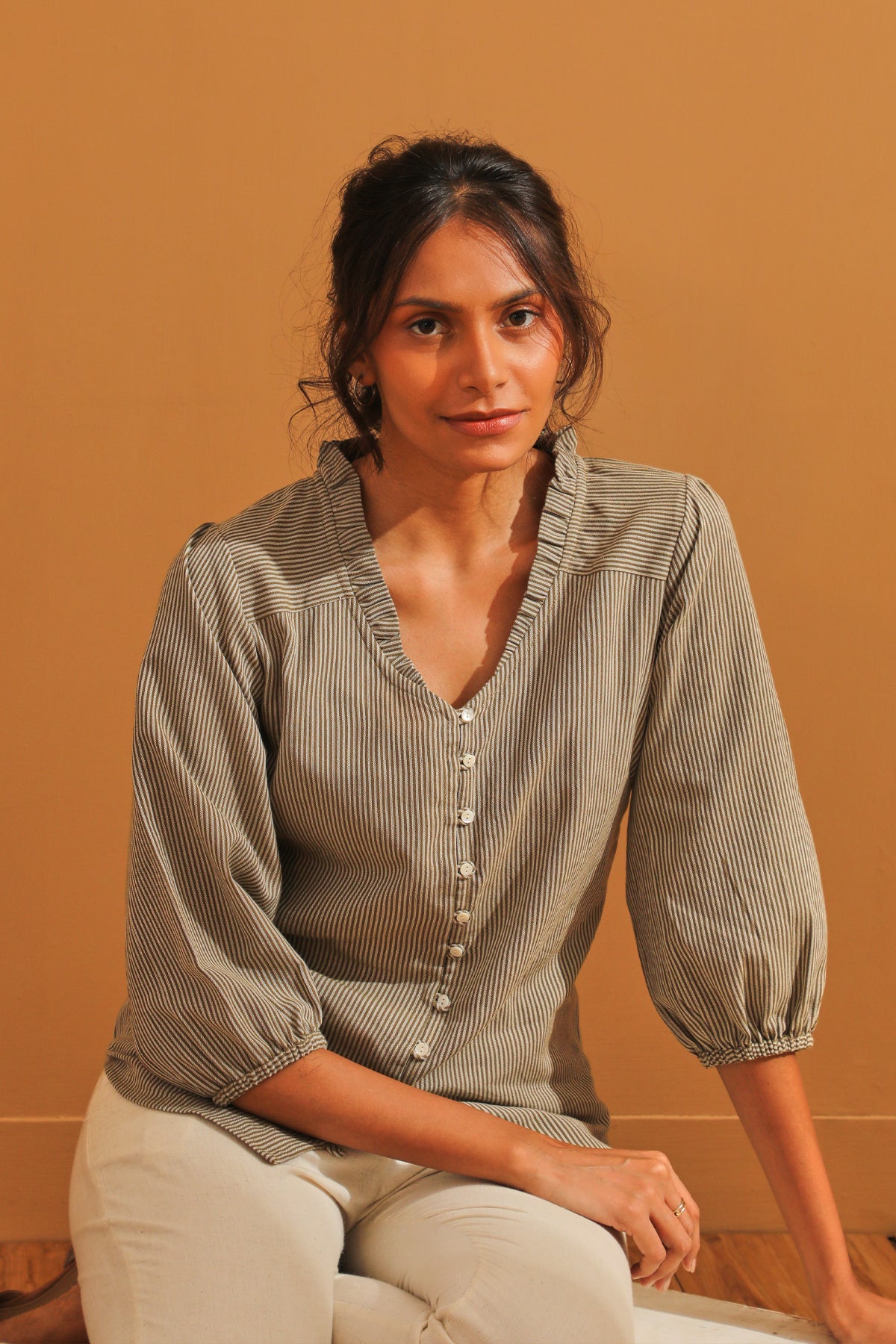Maya Olive Green Handwoven Striped Top