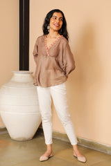 Juhi Warm Grey Peplum Top With Crewel Embroidery