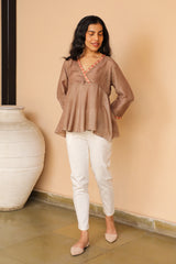 Juhi Warm Grey Peplum Top With Crewel Embroidery