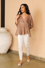 Juhi Warm Grey Peplum Top With Crewel Embroidery