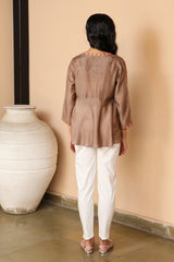 Juhi Warm Grey Peplum Top With Crewel Embroidery