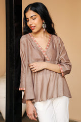 Juhi Warm Grey Peplum Top With Crewel Embroidery