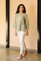 Juhi Pista Green Shirt With Crewel Embroidery