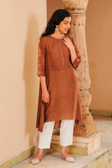 Juhi Brown Kurta With Crewel Embroidered Sleeves