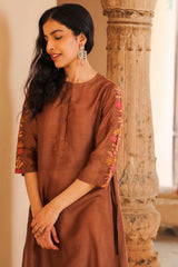 Juhi Brown Kurta With Crewel Embroidered Sleeves