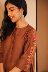 Juhi Brown Kurta With Crewel Embroidered Sleeves