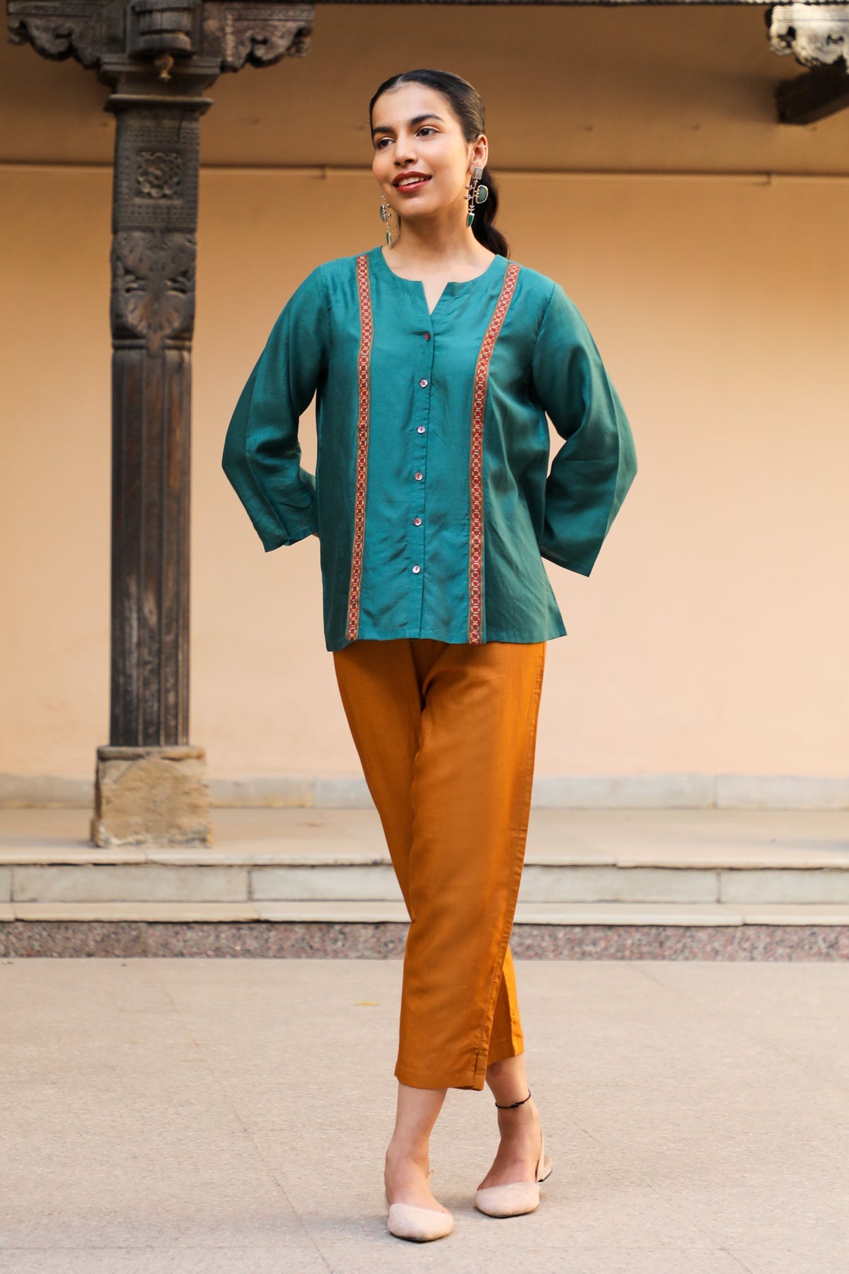 Juhi Teal Green Shirt With Crewel Embroidery