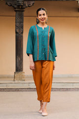 Juhi Teal Green Shirt With Crewel Embroidery