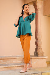 Juhi Teal Green Peplum Top With Crewel Embroidery