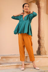 Juhi Teal Green Peplum Top With Crewel Embroidery