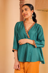 Juhi Teal Green Peplum Top With Crewel Embroidery