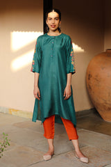 Juhi Teal Green Kurta With Crewel Embroidered Sleeves