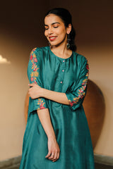 Juhi Teal Green Kurta With Crewel Embroidered Sleeves