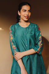 Juhi Teal Green Kurta With Crewel Embroidered Sleeves